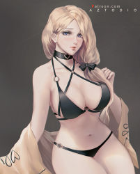 Rule 34 | 1girl, artist name, aztodio, bare shoulders, bikini, black bikini, black ribbon, blonde hair, blue eyes, blush, breasts, choker, cleavage, closed mouth, collarbone, cowboy shot, fire emblem, fire emblem: three houses, grey background, hair over shoulder, hair ribbon, highres, large breasts, long hair, looking at viewer, mercedes von martritz, navel, nintendo, parted bangs, pink lips, ribbon, shawl, sitting, solo, swimsuit