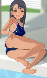 Rule 34 | 1girl, aruman, ass, bad id, bad pixiv id, barefoot, black hair, blue one-piece swimsuit, blush, brown eyes, dark-skinned female, dark skin, feet, hair ornament, hairclip, hand on own ass, hand on own thigh, highres, ijiranaide nagatoro-san, long hair, looking at viewer, nagatoro hayase, one-piece swimsuit, open mouth, soles, swimsuit, thighs, toes