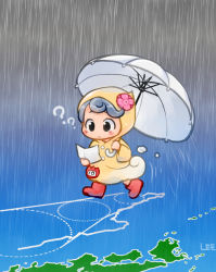 Rule 34 | 1girl, ?, ??, black eyes, blush stickers, boots, child, commentary request, eyebrows hidden by hair, grey hair, grey sky, holding, holding umbrella, hood, hood up, lee (colt), long sleeves, motion lines, original, outdoors, rain, raincoat, rubber boots, sky, solo, tareme, typhoon, umbrella, walking, white umbrella