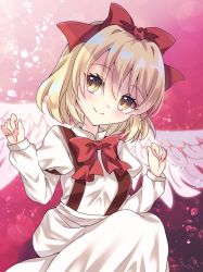 Rule 34 | 1girl, angel wings, blonde hair, bow, breasts, dress, feathered wings, gengetsu (touhou), hair bow, highres, long sleeves, lotus land story, nami7711, puffy sleeves, red bow, ribbon, short hair, skirt, smile, solo, touhou, touhou (pc-98), vest, wings, yellow eyes