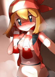 Rule 34 | 1girl, bandana, blue eyes, blush, breasts, brown hair, clenched teeth, collared shirt, commentary request, creatures (company), embarrassed, game freak, hair between eyes, heppushu, looking at viewer, may (pokemon), medium hair, navel, nintendo, nipples, nose blush, open clothes, open shirt, peeking, pokemon, pokemon rse, raised eyebrow, red shirt, sauna, shirt, short sleeves, small breasts, solo, steam, stomach, striped, sweat, teeth, towel, wet