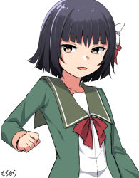 Rule 34 | 1girl, black hair, green jacket, green sailor collar, hair ribbon, ishigaki (kancolle), jacket, kantai collection, long sleeves, looking at viewer, moti coi, neck ribbon, pleated skirt, purple eyes, red ribbon, ribbon, sailor collar, school uniform, serafuku, short hair, simple background, skirt, solo, upper body, white background, white ribbon