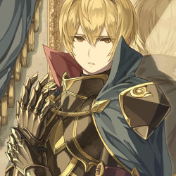 Rule 34 | 1boy, arm strap, armor, black armor, blonde hair, blue capelet, breastplate, buckle, capelet, collared capelet, dated commentary, expressionless, eyes visible through hair, fire emblem, fire emblem fates, gauntlets, gold trim, hair between eyes, hand on own wrist, hand up, harusame (rueken), high collar, holding own wrist, indoors, leo (fire emblem), looking at viewer, male focus, mirror, mirror image, multicolored capelet, nintendo, parted lips, red capelet, reflection, short hair, shoulder armor, shoulder pads, sidelocks, solo, standing, turtleneck, yellow eyes