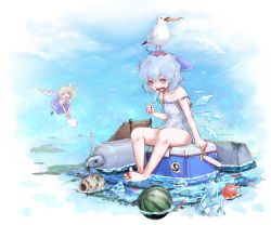 Rule 34 | circled 9, 2girls, alternate costume, animal, animal on head, bag, barefoot, bird, bird on head, blue eyes, blue hair, blue sky, blush, cirno, daiyousei, day, dress, fairy wings, fish, flying, food, fruit, full body, green hair, hair ribbon, highres, hoshibuchi, ice, ice wings, looking at viewer, melting, multiple girls, off shoulder, on head, open mouth, outdoors, popsicle, puffy sleeves, ribbon, seagull, shirt, shopping bag, short hair, short sleeves, side ponytail, sitting, skirt, skirt set, sky, sleeveless, soaking feet, strap slip, sweat, tongue, tongue out, touhou, vest, water, watermelon, wings