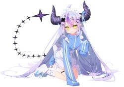 Rule 34 | absurdres, ahoge, alternate costume, apron, bandage on leg, bandaid, bandaid hair ornament, bandaid on face, bandaid on leg, black horns, blue sweater, braid, braided bangs, frilled apron, frills, full body, grey hair, hair ornament, heart, heart hair ornament, highres, hololive, horns, kamaboko (kmm15a), la+ darknesss, long hair, maid apron, maid headdress, multicolored hair, on floor, pointy ears, pout, purple hair, seiza, simple background, sitting, sleeves past fingers, sleeves past wrists, streaked hair, striped horns, sweater, tearing up, very long hair, virtual youtuber, waist apron, white apron, white background, white footwear, x hair ornament, yellow eyes