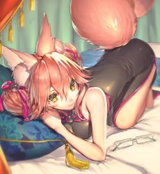 Rule 34 | 1girl, animal ear fluff, animal ears, bad id, bad twitter id, bare shoulders, bed, black dress, china dress, chinese clothes, closed mouth, commentary request, double bun, dress, unworn eyewear, fate/grand order, fate (series), fox ears, fox girl, fox tail, glasses, hair between eyes, hair bun, indoors, koyanskaya (chinese lostbelt outfit) (fate), koyanskaya (fate), looking at viewer, lying, mogullaz, on bed, pillow, pink hair, short hair, side slit, sleeveless, sleeveless dress, smile, solo, tail, tamamo (fate), white-framed eyewear, yellow eyes