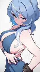 Rule 34 | 1girl, adjusting dress, ako (blue archive), ako (dress) (blue archive), backless dress, backless outfit, blue archive, blue dress, blue hair, blue hairband, blue halo, bracelet, breasts, cuffs, dress, earrings, hairband, halo, hata4564, highres, jewelry, large breasts, nail polish, official alternate costume, sideboob, sideless dress, sleeveless, sleeveless dress, sweat