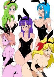 Rule 34 | 5girls, age difference, animal costume, ass, ass focus, blonde hair, blue hair, breasts, chronoa, dragon ball, dragon ball super, dragonball z, earrings, female pervert, glasses, gokutrash, green hair, hair ornament, highres, jewelry, kaioshin, large breasts, long hair, lunch (dragon ball), maron (dragon ball), mature female, medium breasts, medium hair, multiple girls, norimaki arale, pervert, potara earrings, presenting, rabbit, rabbit costume, rabbit ears, ribrianne, sexually suggestive, short hair, small breasts, swimsuit