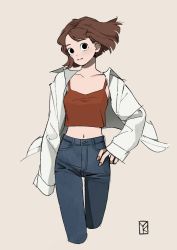 Rule 34 | 1girl, arm at side, black eyes, blue pants, brown hair, camisole, closed mouth, collarbone, collared shirt, crop top, cropped legs, denim, floating hair, grey background, hand on own hip, highres, jeans, light smile, long sleeves, looking at viewer, medium hair, midriff, nail polish, navel, no pupils, open clothes, open shirt, original, pants, red camisole, red shirt, shirt, simple background, singnature, sleeveless, sleeveless shirt, sleeves past wrists, solo, walking, white shirt, wind, yukina (kimura 731)