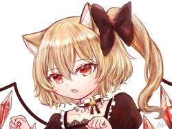 Rule 34 | 1girl, alternate costume, animal ear fluff, animal ears, bell, blonde hair, cat ears, collarbone, commentary request, crystal, fang, flandre scarlet, hair between eyes, highres, jingle bell, medium hair, multicolored wings, no headwear, open mouth, pasumaro, red eyes, side ponytail, simple background, solo, touhou, white background, wings
