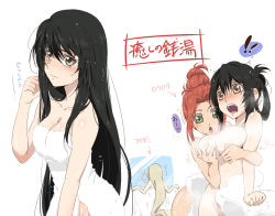 Rule 34 | !, 3girls, bare arms, black hair, blush, grabbing another&#039;s breast, breasts, brown hair, cleavage, closed mouth, eleanor hume, embarrassed, grabbing, grabbing from behind, green eyes, hair between eyes, hair down, hair intakes, long hair, magilou (tales), medium breasts, multiple girls, naked towel, navel, open mouth, pochi-a, shiny skin, silver hair, sketch, spoken exclamation mark, standing, straight hair, tales of (series), tales of berseria, towel, velvet crowe, very long hair, white background, yellow eyes