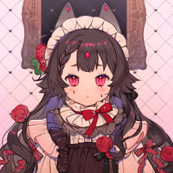 Rule 34 | 1girl, :&lt;, blush, bow, braid, braided bangs, brown hair, closed mouth, colored tears, copyright request, flower, framed, heart, highres, light blush, long hair, looking at viewer, picture frame, red bow, red flower, red rose, rose, rosette (yankaixuan), solo, tears, upper body