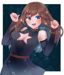 Rule 34 | 1girl, :d, bare shoulders, black dress, blue eyes, blue nails, blush, border, brown hair, cancer (constellation), cleavage cutout, clothing cutout, colored inner hair, commentary, commission, constellation, constellation print, crescent-shaped pupils, dated, detached sleeves, dress, english commentary, fingernails, hands up, long hair, long sleeves, looking at viewer, mole, mole above mouth, multicolored hair, nail polish, open mouth, original, signature, sky, smile, solo, sparkle, star (sky), star cutout, starry sky, symbol-shaped pupils, taurus (constellation), temachii, white border