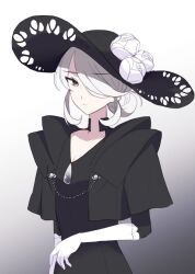 Rule 34 | 1girl, black dress, black hat, breasts, cleavage, closed mouth, cogita (pokemon), commentary request, creatures (company), cropped jacket, dress, elbow gloves, eyelashes, flower, game freak, gloves, gradient background, grey eyes, hair bun, hair over one eye, hat, hat flower, highres, jacket, nintendo, ohn pkmn, open clothes, open jacket, pokemon, pokemon legends: arceus, small breasts, solo, sun hat, white flower, white gloves