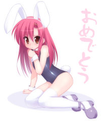 Rule 34 | 00s, 1girl, animal ears, black leotard, blush, bow, bowtie, brown eyes, detached collar, embarrassed, fake animal ears, hair ornament, hairclip, hayate no gotoku!, hoppege, katsura hinagiku, leotard, long hair, looking at viewer, pink hair, playboy bunny, purple footwear, rabbit ears, rabbit tail, red bow, red bowtie, shoes, sitting, solo, tail, thighhighs, white background, white thighhighs, white wrist cuffs, wrist cuffs