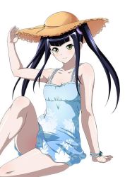 Rule 34 | 00s, 1girl, bare legs, black hair, blue eyes, bracelet, breasts, cleavage, collarbone, dress, female focus, green eyes, hair ornament, hat, ikkitousen, jewelry, jpeg artifacts, light smile, long hair, looking at viewer, official art, saji genpou (true), simple background, sitting, small breasts, smile, solo, straw hat, sundress, thighs, twintails, white background, yellow eyes