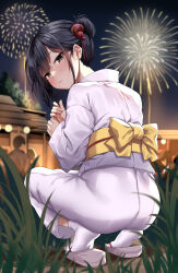 Rule 34 | 1girl, absurdres, black hair, blurry, blurry background, blush, brown eyes, closed mouth, commentary request, fireworks, from behind, grass, highres, jack dempa, japanese clothes, kimono, looking at viewer, night, night sky, original, outdoors, short hair, sky, socks, solo focus, squatting, tabi, watanabe ayasa (jack dempa), white kimono, white socks, yukata