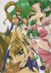 Rule 34 | 1990s (style), 2girls, ankle cuffs, ass, back bow, blonde hair, blue eyes, bow, card (medium), character name, copyright name, crystal earrings, dagger, dominatrix, dual wielding, earrings, ellis (toushinden), fang, fingerless gloves, gloves, green eyes, green hair, high heels, high ponytail, highleg, highleg leotard, highres, holding, holding dagger, holding knife, holding weapon, jewelry, knife, kotobuki tsukasa, leotard, licking, long hair, multiple girls, nail polish, official art, one-piece thong, one eye closed, open mouth, pink bow, pointing, pointing at viewer, ponytail, profile, retro artstyle, reverse grip, scan, see-through, see-through sleeves, shoes, short hair, sofia (toushinden), thick eyebrows, thong leotard, tongue, tongue out, toushinden, weapon, whip