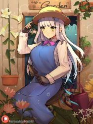 Rule 34 | 2girls, apron, black gloves, boots, brown pants, bubble, chibi, collared shirt, crack, cross hair ornament, flower, g11 (girls&#039; frontline), girls&#039; frontline, glass, gloves, green eyes, green footwear, hair ornament, hand up, hat, hentaki, highres, hk416 (girls&#039; frontline), leaf, light particles, long hair, long sleeves, looking at another, multiple girls, pants, patreon username, plant, potted plant, rubber boots, shirt, sidelocks, sign, sparkle, watering can, white flower, white hair, white shirt, yellow flower