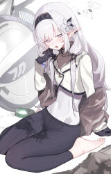 Rule 34 | 1girl, barefoot, black gloves, blue archive, blush, can, cardigan, commentary request, cropped jacket, drink can, ear piercing, feet, flower, gloves, grey eyes, grey hair, hair flower, hair ornament, hairband, halo, highres, himari (blue archive), jacket, leggings, long hair, looking at viewer, mia cbx, mole, mole under eye, narrowed eyes, off shoulder, open mouth, piercing, pointy ears, shawl, shirt, sitting, smile, soda can, soles, solo, spill, sweatdrop, toes, very long hair, wariza, wheelchair, white jacket, white shirt