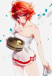 Rule 34 | 1girl, blush, bucket, closed mouth, fire emblem, fire emblem fates, fire emblem heroes, highres, hinoka (fire emblem), holding, holding bucket, naked towel, nekolook, nintendo, red eyes, red hair, rubber duck, short hair, simple background, solo, towel, white background, wooden bucket