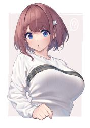 Rule 34 | 1girl, :o, ?, absurdres, baffu, blue eyes, blush, breasts, brown hair, cropped torso, hair ornament, hairclip, highres, hitoyo (baffu), large breasts, long sleeves, looking at viewer, open mouth, original, short hair, solo, speech bubble, spoken question mark, sweater, two-tone background, upper body, white sweater, zipper, zipper pull tab