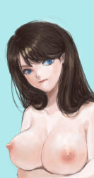 Rule 34 | 1girl, blue background, blue eyes, breast hold, breasts, brown hair, crossed arms, large breasts, lipstick, long hair, makeup, nipples, nude, original, rabbitshit, sideways glance, simple background, solo, upper body