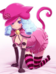 Rule 34 | 10s, 1girl, all fours, bad id, bad pixiv id, bell, black gloves, blue eyes, blue hair, blush, breasts, cat tail, elbow gloves, female focus, gloves, happinesscharge precure!, hat, hosshiwa, jingle bell, looking at viewer, matching hair/eyes, mogiki hayami, paw pose, pink hat, precure, small breasts, solo, striped clothes, striped thighhighs, tail, thighhighs, zettai ryouiki