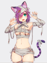 Rule 34 | 1girl, :d, animal ears, aqua eyes, armpits, bandages, bandage on face, bandage over one eye, bandaged arm, bandaged hand, bandaged head, bandaged leg, bandages, bare shoulders, blood, blood stain, breasts, cat ears, cat tail, claw pose, commentary, cowboy shot, fang, gluteal fold, grey background, hair between eyes, hair over one eye, hands up, kai (ootamuno12), legs together, looking at viewer, medium breasts, naked bandage, navel, neck ribbon, one eye closed, one eye covered, open mouth, original, purple hair, ribbon, short hair, simple background, smile, solo, standing, striped tail, tail, thigh gap, underboob