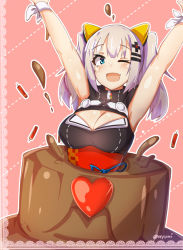 Rule 34 | 1girl, animal ears, armpits, arms up, black dress, blue eyes, blush, breasts, cake, candle, cat ears, chocolate cake, cleavage, cleavage cutout, clothing cutout, dotted line, dress, fake animal ears, food, hair ornament, hairclip, heart, highres, kaguya luna, large breasts, long hair, looking at viewer, myumi, obi, outline, pink background, sash, shiny skin, sidelocks, silver hair, sleeveless, sleeveless dress, solo, sweatband, the moon studio, twintails, twitter username, underbust, upper body, virtual youtuber, white outline
