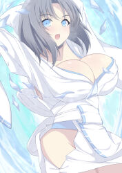 Rule 34 | 1girl, bare shoulders, blue eyes, bow, breasts, chimunge, cleavage, grey hair, hair bow, highres, ice, japanese clothes, kimono, large breasts, low neckline, medium hair, no panties, off shoulder, open mouth, parted bangs, ribbon-trimmed kimono, senran kagura, solo, white bow, white kimono, yumi (senran kagura)