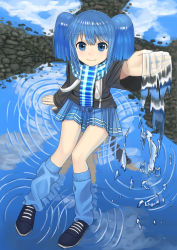 Rule 34 | 1girl, bad id, bad twitter id, blue eyes, blue hair, blue scarf, blue skirt, blue theme, cloud, cloudy sky, commentary request, day, dot nose, highres, looking at viewer, looking up, original, outstretched arm, reflection, ripples, scarf, shoes, short hair, sitting on water, skirt, sky, smile, solo, twintails, wasabi60, holding water