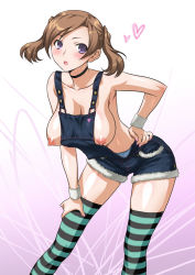 Rule 34 | 1girl, blush, breasts, brown hair, cleavage, imouto bitch ni shiboraretai, joy ride, large breasts, naked overalls, nipples, no shirt, open mouth, overalls, puffy nipples, purple eyes, short hair, solo, striped clothes, striped thighhighs, thighhighs, topless, twintails, wristband