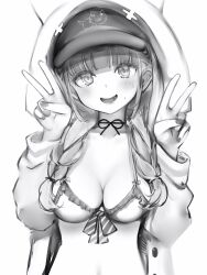 Rule 34 | 1girl, :d, absurdres, bikini, blunt bangs, breasts, cleavage, collarbone, double v, frilled bikini, frills, greyscale, hat, highres, hololive, hood, hood up, hooded jacket, jacket, light blush, long sleeves, looking at viewer, medium breasts, minato aqua, monochrome, nanashi (nlo), neko (minato aqua), open clothes, open jacket, open mouth, simple background, smile, solo, swimsuit, upper body, v, virtual youtuber