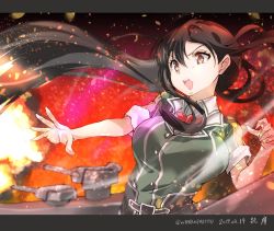 Rule 34 | 1girl, black eyes, black hair, breasts, character name, chikuma (kancolle), commentary request, dated, fire, firing, highres, kantai collection, large breasts, long hair, machinery, military, military uniform, muzzle flash, one-hour drawing challenge, open mouth, outstretched arm, puffy short sleeves, puffy sleeves, round teeth, short sleeves, solo, teeth, tororo ten, twitter username, uniform, upper body, upper teeth only