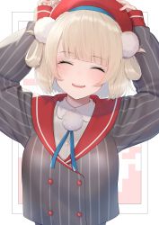 Rule 34 | 1girl, absurdres, arms up, black jacket, blonde hair, blue ribbon, blunt bangs, blush, breasts, buttons, collared shirt, commentary, double-breasted, eyelashes, hair ornament, hair rings, hands on headwear, hat, highres, indie virtual youtuber, jacket, looking at viewer, medium breasts, neck ribbon, open mouth, pom pom (clothes), pom pom hair ornament, red hat, ribbon, rushian, shigure ui (vtuber), shigure ui (vtuber) (1st costume), shirt, short hair, simple background, smile, solo, striped clothes, striped jacket, upper body, vertical-striped clothes, vertical-striped jacket, virtual youtuber, white background, white shirt, wing collar