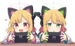 Rule 34 | 2girls, :o, absurdres, animal ear headphones, animal ears, black skirt, blonde hair, blue archive, blush, commentary request, fake animal ears, halo, headphones, highres, holding, intertwined tails, jacket, long sleeves, lying, midori (blue archive), momoi (blue archive), multiple girls, nintendo switch, notice lines, okota mikan, on stomach, open mouth, parted lips, pleated skirt, siblings, sidelocks, simple background, sisters, skirt, twins, v-shaped eyebrows, white background, white jacket