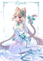 Rule 34 | 1girl, alternate costume, animal ear fluff, animal ears, bare shoulders, bridal gauntlets, brown hair, butterfly hair ornament, cat ears, cat girl, cat tail, character name, closed mouth, collar, dated, dress, facial tattoo, frills, genshin impact, green ribbon, hair ornament, hair ribbon, highres, long hair, lynette (genshin impact), miaogujun, purple eyes, ribbon, sitting, sleeveless, sleeveless dress, smile, solo, star tattoo, tail, tattoo, thighhighs, wariza, white collar, white dress, white thighhighs
