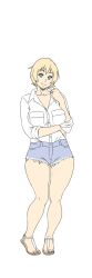 Rule 34 | 1girl, blonde hair, blue eyes, breasts, collared shirt, denim, denim shorts, full body, highres, ichan-desu, jewelry, jodi nadez (sgt crisis), large breasts, looking at viewer, mature female, original, ring, sandals, sgt crisis, shirt, shirt tucked in, short hair, shorts, simple background, sleeves rolled up, smile, solo, wedding ring, white background, white shirt