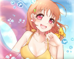 Rule 34 | 1girl, artist name, artist request, bare shoulders, bikini, blue sky, bow, breasts, cleavage, close-up, cloud, clover hair ornament, collarbone, day, earrings, female focus, floating hair, hair bow, hair ornament, heart, heart earrings, holding, jewelry, love live!, love live! sunshine!!, orange hair, outdoors, sky, swimsuit, takami chika, upper body, yellow bikini, yellow bow