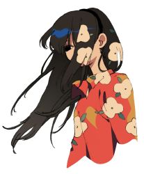 Rule 34 | 1girl, black eyes, black hair, black hairband, collared shirt, covered mouth, floral print, hair over mouth, hair over one eye, hairband, highres, ka (marukogedago), long hair, one eye covered, original, red shirt, shirt, simple background, solo, upper body, white background, wing collar