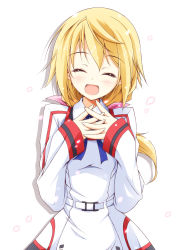 Rule 34 | 10s, 1girl, :d, ^ ^, altivr, blonde hair, charlotte dunois, closed eyes, closed eyes, happy, highres, infinite stratos, kanzaki sora, open mouth, own hands clasped, own hands together, petals, ponytail, school uniform, smile, solo, upper body