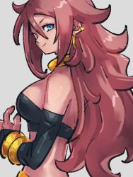 Rule 34 | 1girl, android 21, blue eyes, bracelet, breasts, choker, closed mouth, dragon ball, dragon ball fighterz, earrings, from behind, grey background, hair between eyes, heterochromia, hoop earrings, jewelry, kemachiku, long hair, looking at viewer, majin android 21, medium breasts, midriff, red eyes, red hair, simple background, smile, solo, upper body, yellow choker