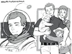 Rule 34 | 2boys, 2girls, belt, blush, carrying, closed eyes, family, father and daughter, father and son, greyscale, helmet, highres, hood, hoodie, hug, humanization, husband and wife, monochrome, multiple boys, multiple girls, multiple views, nintendo, nnncorp, olimar, olimar&#039;s daughter, olimar&#039;s son, olimar&#039;s wife, pikmin (series), polo shirt, portrait, smile, spacesuit, sparkle, whistle