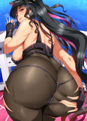 Rule 34 | 1girl, ass, ass grab, bad id, bad pixiv id, bent over, bikini, black bikini, black bodysuit, black gloves, black hair, bodysuit, breasts, fate/grand order, fate (series), fingerless gloves, forehead tattoo, from behind, gloves, grabbing own ass, hand on own ass, hat, highres, large breasts, long hair, looking back, magukappu, multicolored hair, peaked cap, police hat, ponytail, presenting, purple hair, sessyoin kiara, sessyoin kiara (swimsuit mooncancer), sessyoin kiara (swimsuit mooncancer) (second ascension), solo, spread ass, streaked hair, swimsuit, yellow eyes