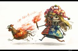 Rule 34 | 1girl, american flag dress, bird, blonde hair, burning, chasing, chicken, clown nose, clownpiece, commentary request, fairy, fairy wings, fire, hat, jester cap, koto inari, letterboxed, long hair, neck ruff, polka dot, smile, tongue, tongue out, torch, touhou, translation request, wings