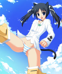 Rule 34 | 00s, 1girl, black hair, flying, francesca lucchini, odaya, odayan, panties, short hair, solo, strike witches, striped clothes, striped panties, tail, twintails, underwear, world witches series