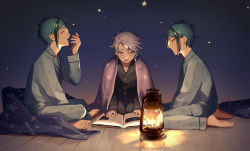 Rule 34 | 13 (bbr584607091), 3boys, azul ashengrotto, barefoot, black hair, black pants, blanket, blue hair, book, brothers, closed eyes, crescent, crescent print, fang, floyd leech, glasses, gradient background, grey hair, highres, indian style, jade leech, lantern, long sleeves, looking at another, looking away, looking down, male focus, matching outfits, multicolored hair, multiple boys, octopus print, on floor, open book, open mouth, pajamas, pants, plantar flexion, reading, short hair, siblings, sitting, sleeping, smile, soles, star (symbol), star print, streaked hair, twins, twisted wonderland, wariza, wooden floor, yawning, yellow eyes