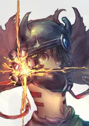 Rule 34 | 1boy, brown hair, cape, dark-skinned male, dark skin, explosion, facial mark, fake horns, helmet, highres, horned helmet, horns, made in abyss, male focus, mechanical arms, navel, red cape, regu (made in abyss), shinonome tsukasa, solo, topless male, white background