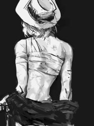 Rule 34 | 1girl, back, bandaged arm, bandaged chest, bandages, bare back, from behind, greyscale, hat, hat feather, highres, ke laoye, langley (path to nowhere), median furrow, medium hair, monochrome, path to nowhere, scar, scar on arm, scar on back, simple background, solo, trilby, undressing, upper body